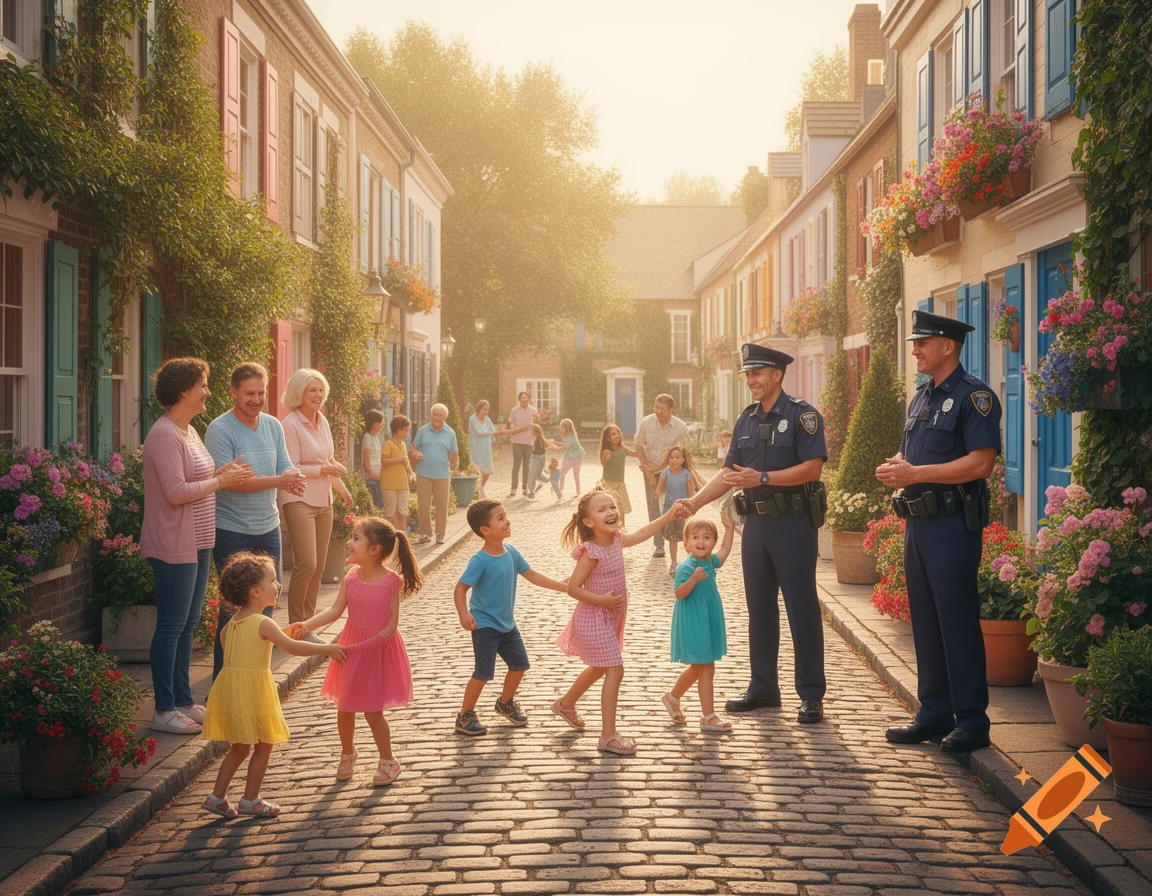 A sunlit street scene showing children playing with police officers and adults in a vibrant, friendly neighborhood lined with colorful houses and flowers.
