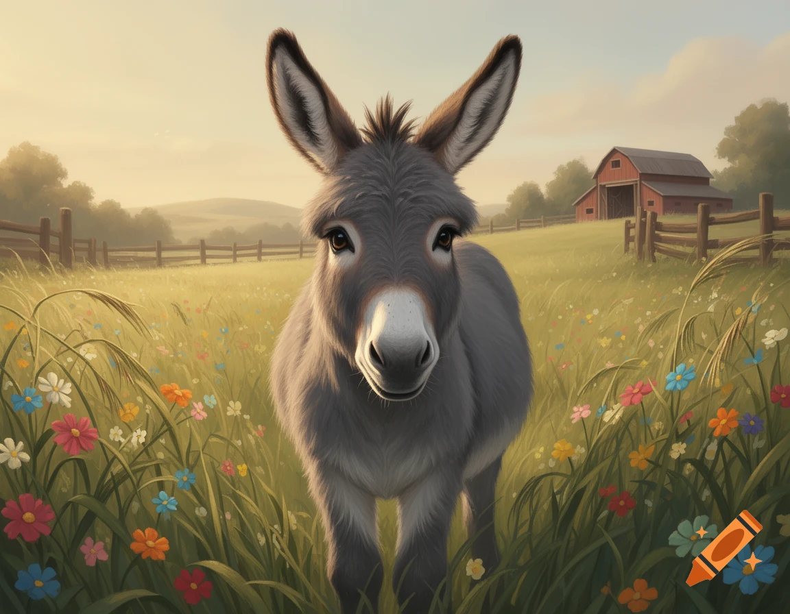 A cute grey donkey stands in a field of colorful wildflowers, with a red barn and fence in the background under a golden sky.