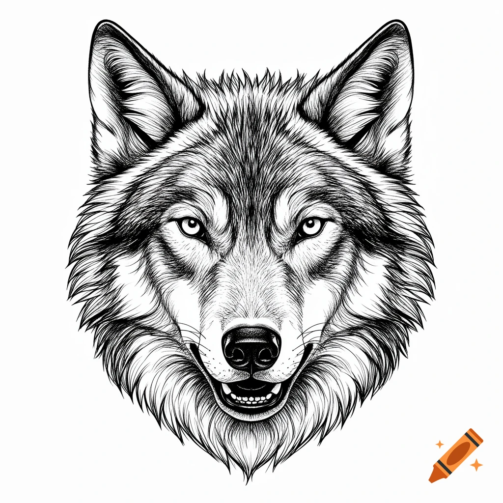 A detailed black and white line drawing of a wolf's head, facing forward with a slight snarl.
