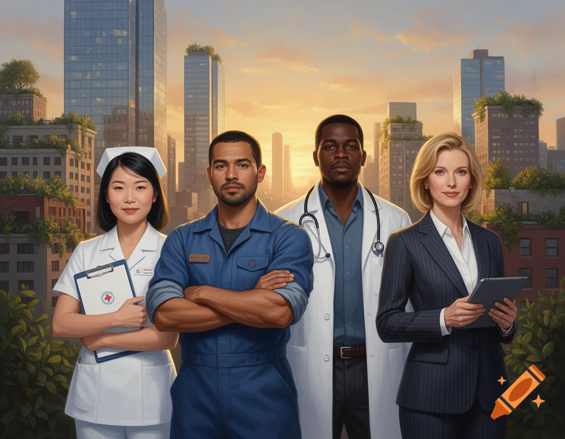 Four diverse professionals, a nurse, a warehouse worker, a doctor, and a CEO, stand against a city skyline at sunset in a photorealistic style.