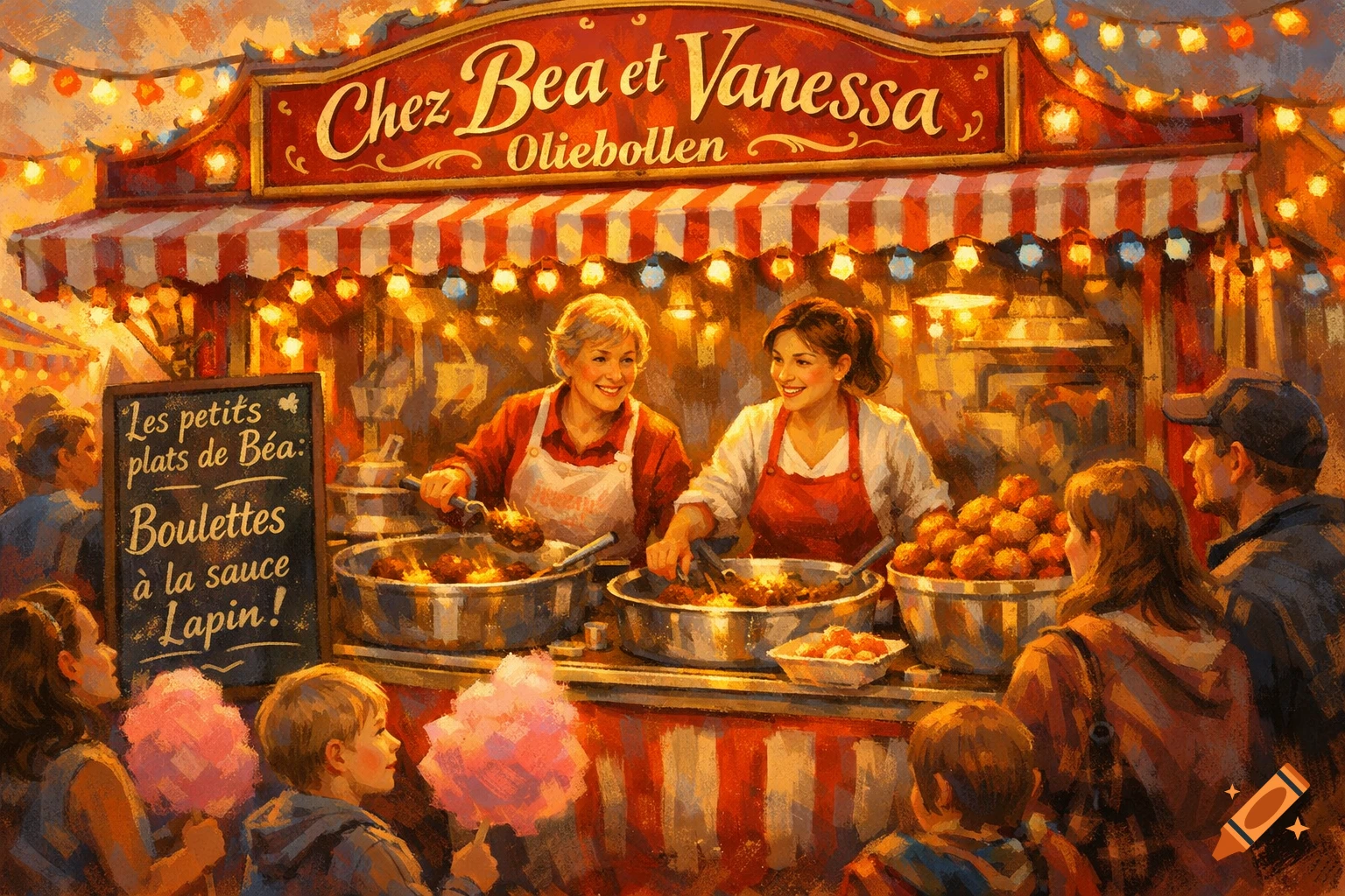 Two smiling women cook at a bright food stall named 'Chez Bea et Vanessa' at a festive fair, serving customers in a painterly style.