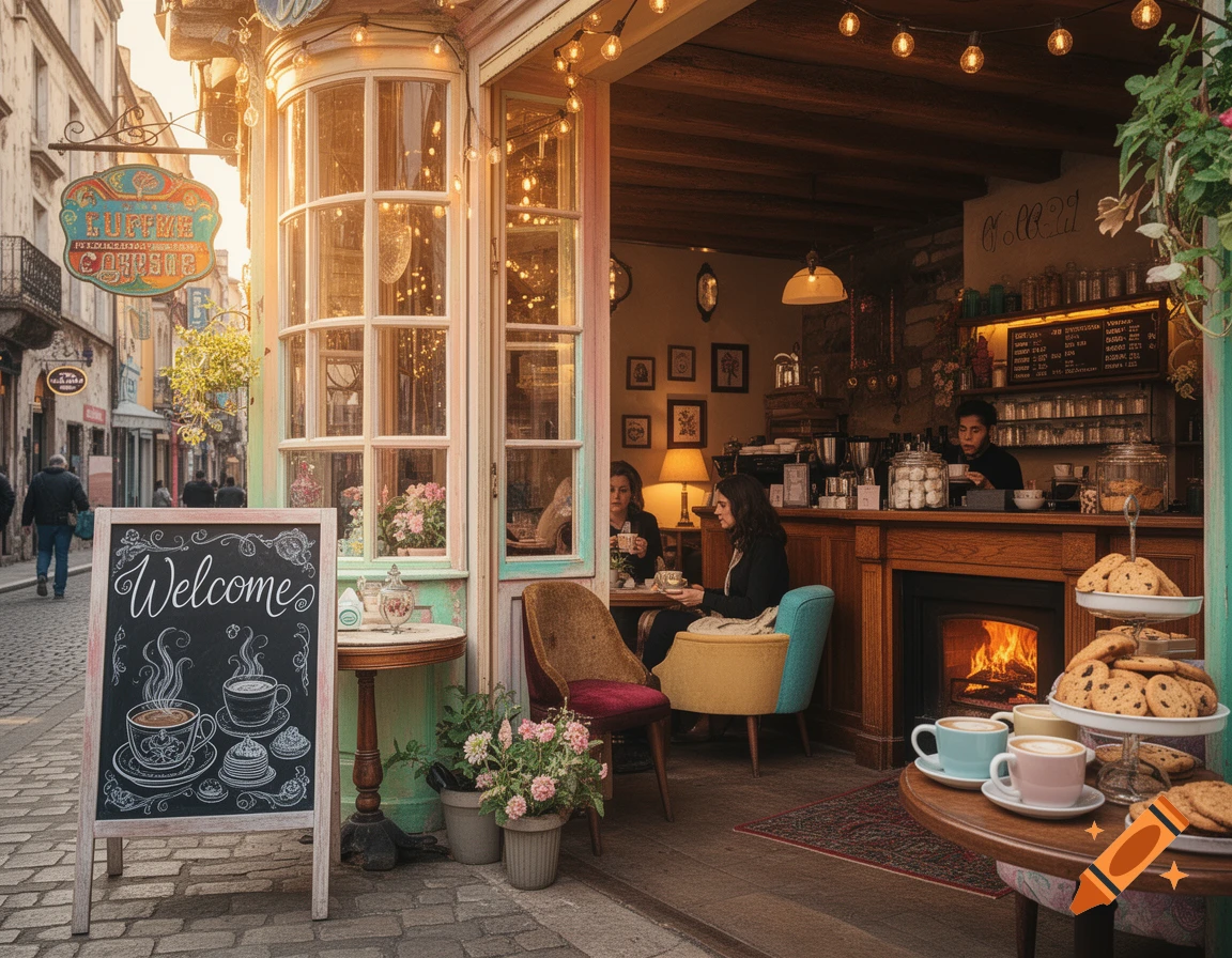 A charming, European-style coffee shop with a 'Welcome' sign, string lights, and patrons inside, on a cobbled street.