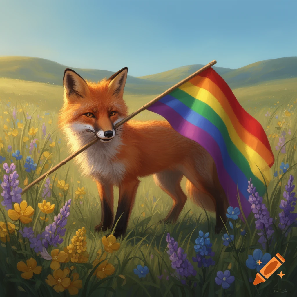 A red fox stands in a sunny field of wildflowers, holding a rainbow flag in its mouth.