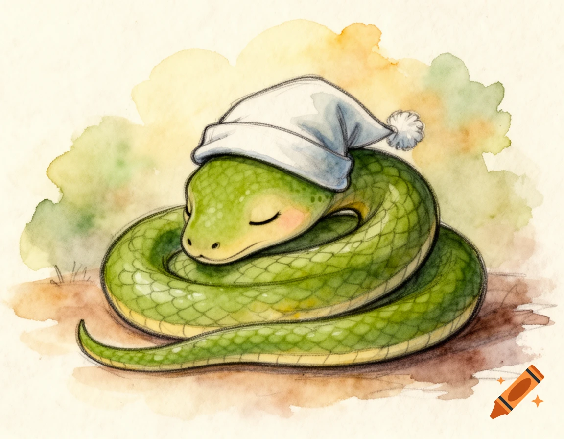 Watercolor illustration of a small green snake sleeping while gently coiled, wearing a simple nightcap.