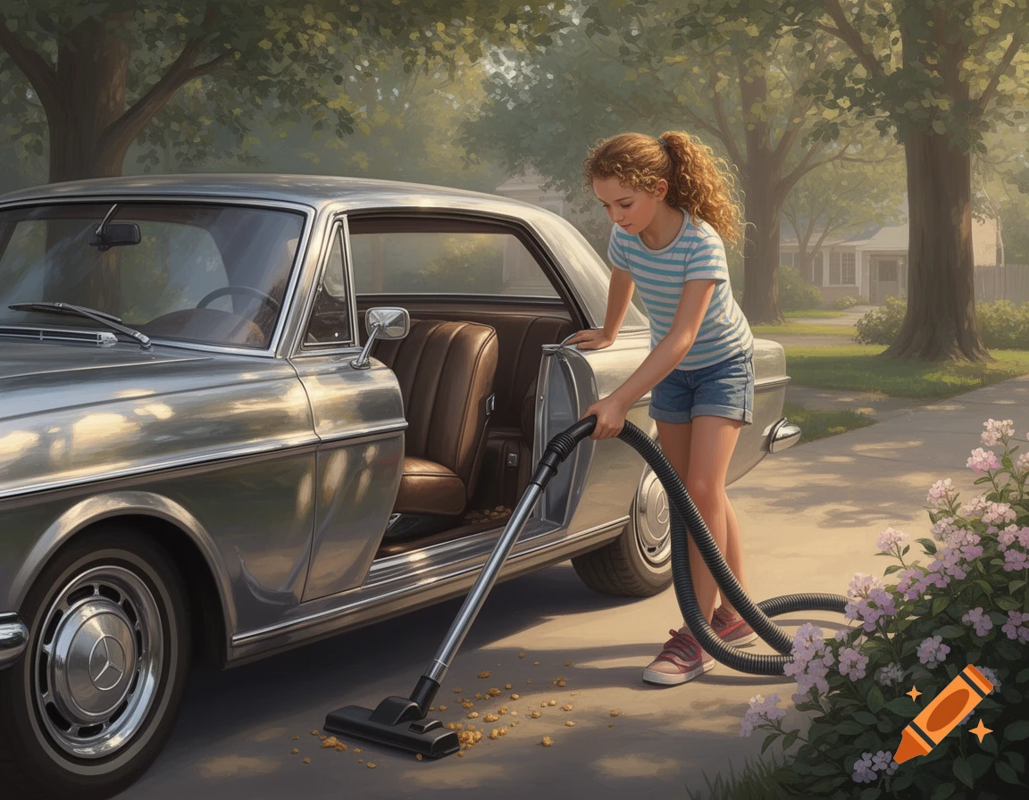 A young girl in shorts and a striped shirt vacuuming the interior of a silver classic car parked on a driveway.