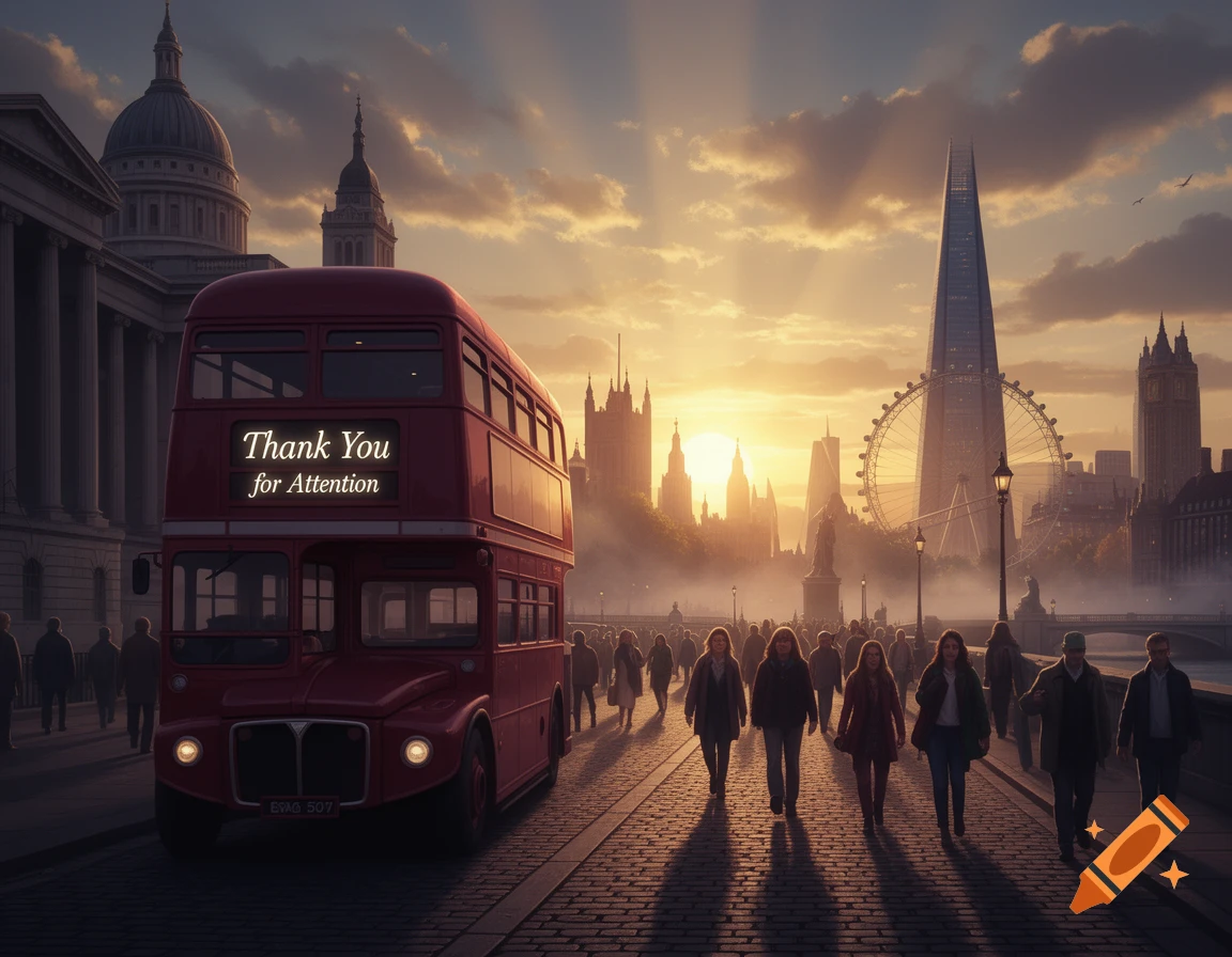 A red double-decker bus with "Thank You for Attention" on its side drives down a London street at sunset, with landmarks and people.