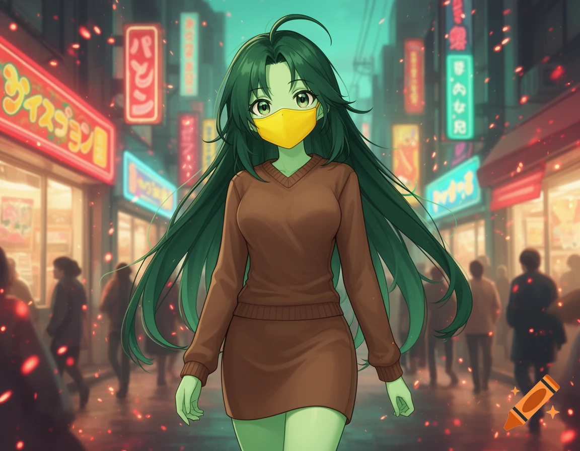 An anime woman with dark green hair and light green skin, wearing a brown sweater dress and yellow mask, walks on a neon-lit city street.