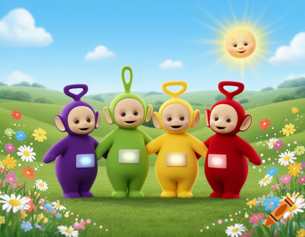 Four colorful Teletubbies, purple, green, yellow, and red, stand in a flowery green field under a blue sky with a smiling sun.