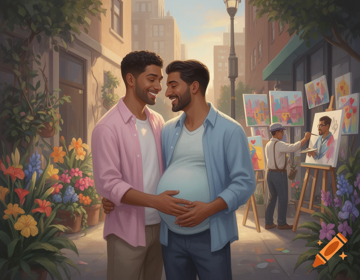 Two smiling men embrace on a sunny city street lined with flowers, one man appears pregnant, while a street artist paints in the background.