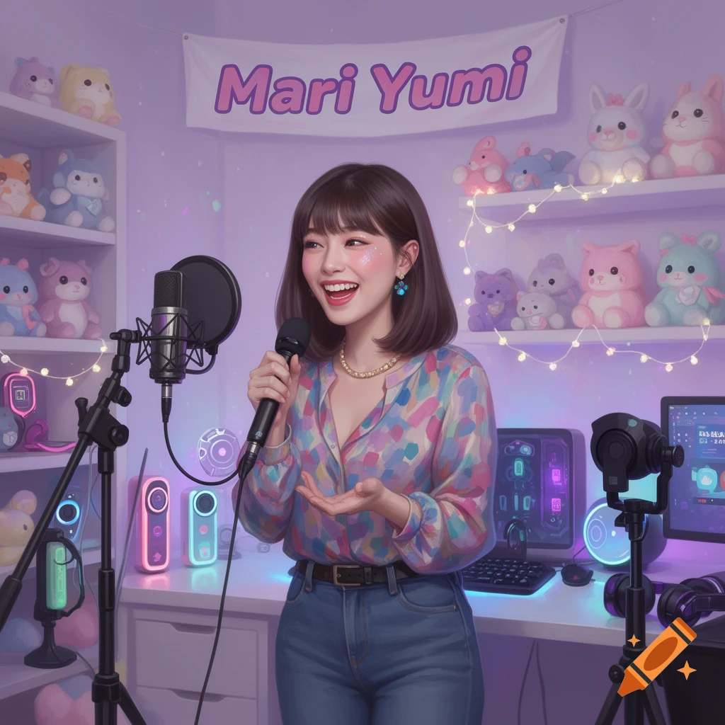 An anime-style girl smiling and holding a microphone in a cute, purple-lit streaming room filled with plush toys.