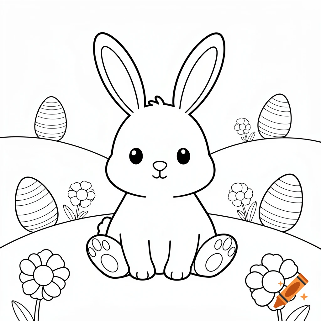 Black and white coloring page of a cute Easter bunny sitting among Easter eggs and flowers on rolling hills.