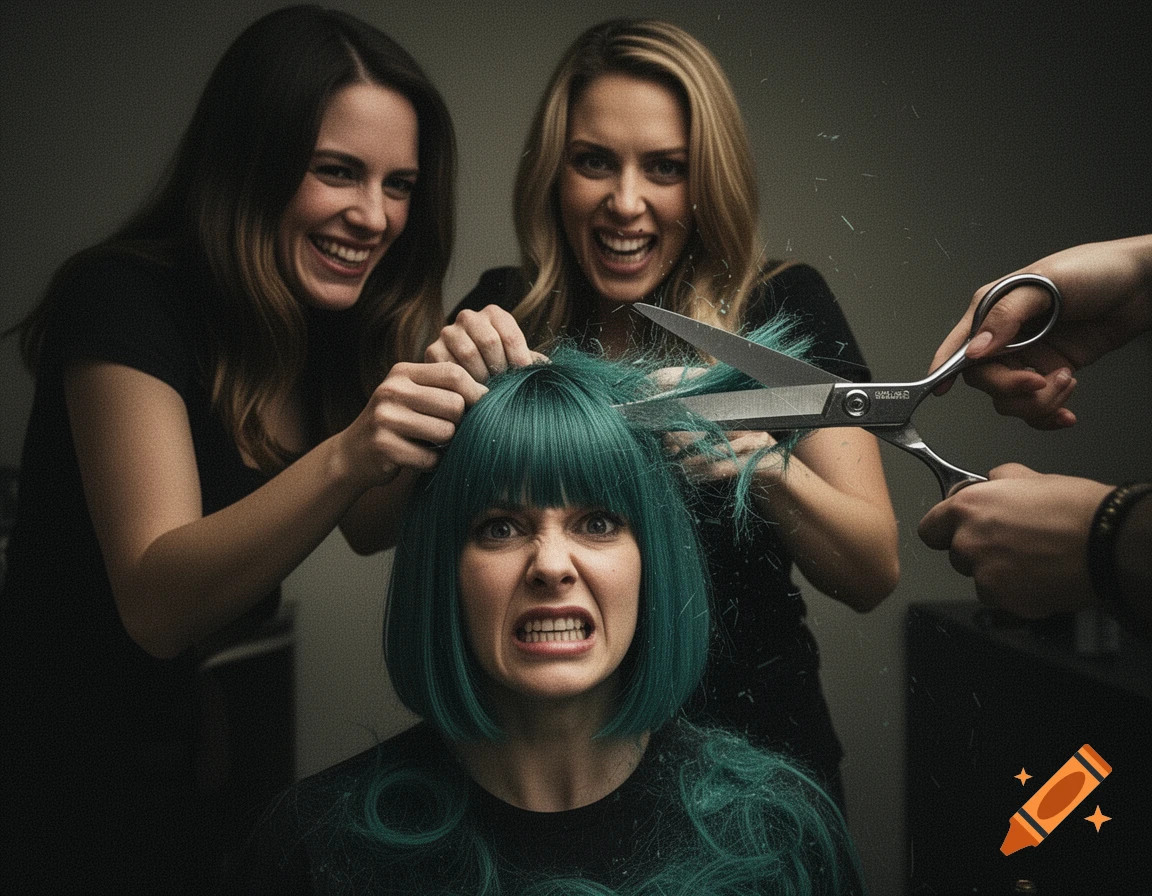 A woman with teal hair grimaces as two other women laughingly cut her hair with large scissors, hair flying.