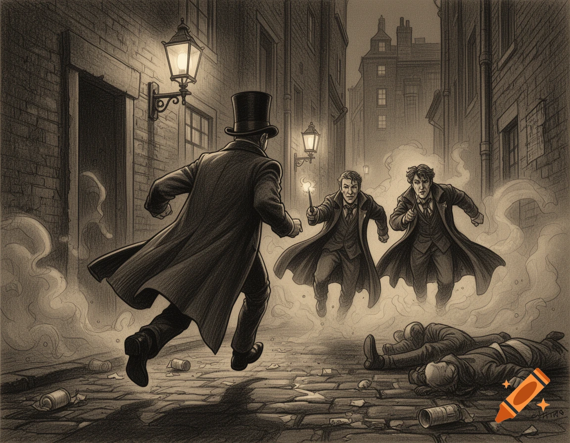 A sepia-toned, hand-drawn illustration depicts a man in a top hat and cloak running through a dark Victorian street, pursued by two figures with glowing wands. Three people lie on the cobblestone ground.