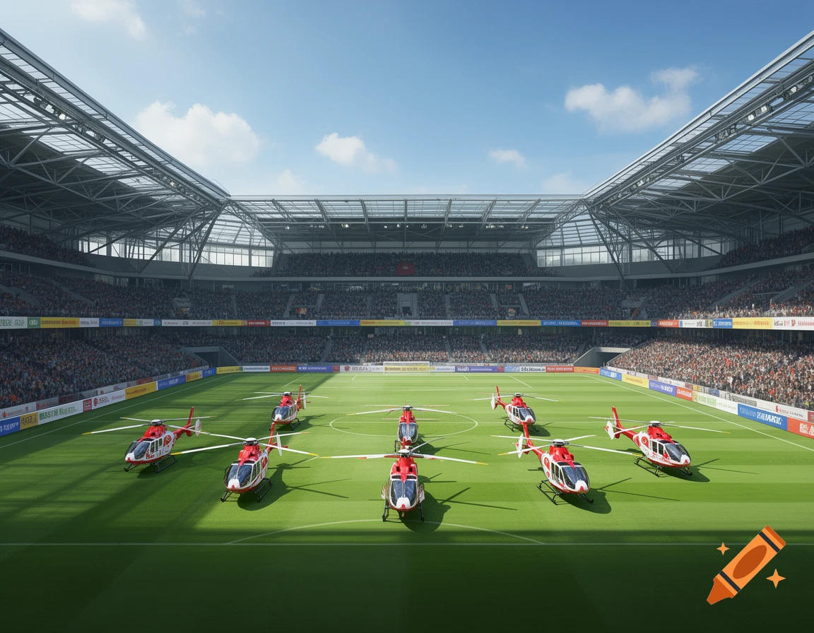 Eight red and white rescue helicopters parked on a green soccer field inside a large, modern stadium filled with spectators under a blue sky.