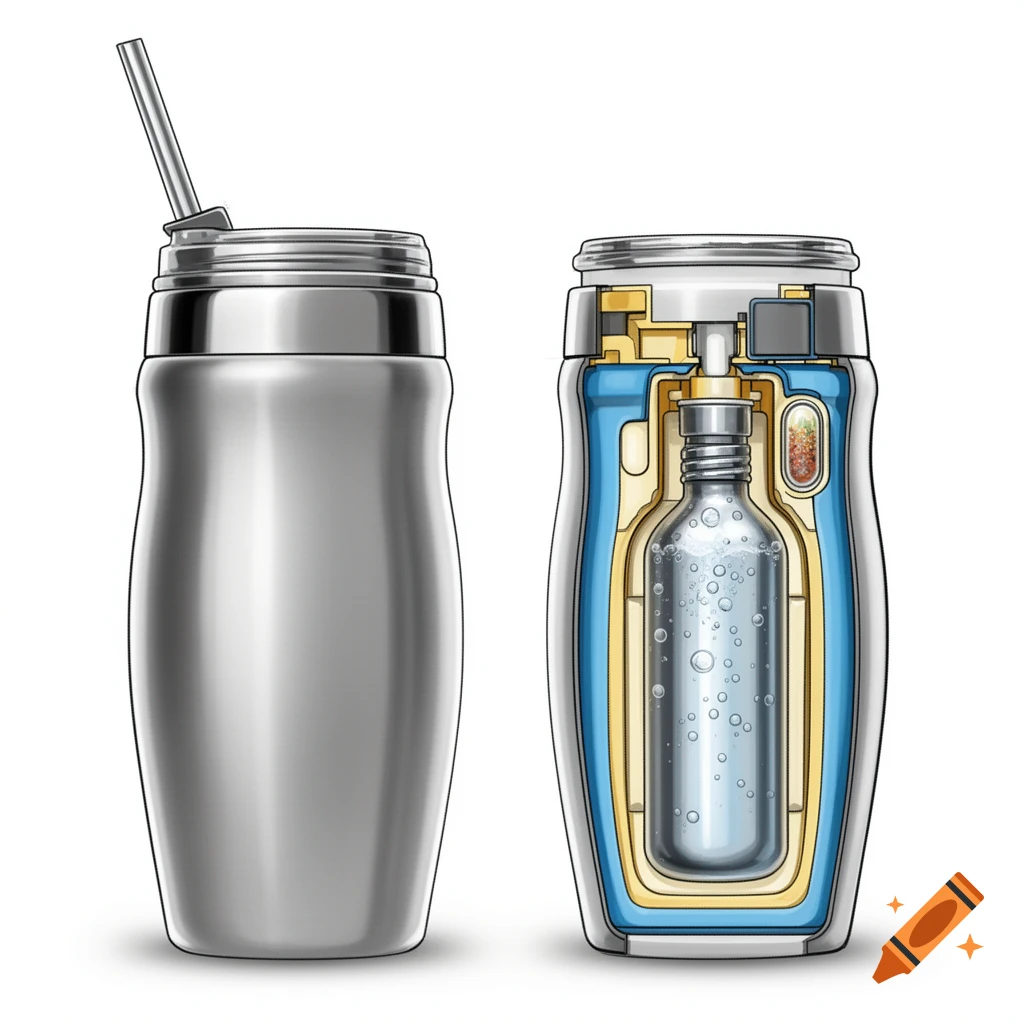Technical illustration of two metallic cups, one external view and one cross-section revealing internal components.