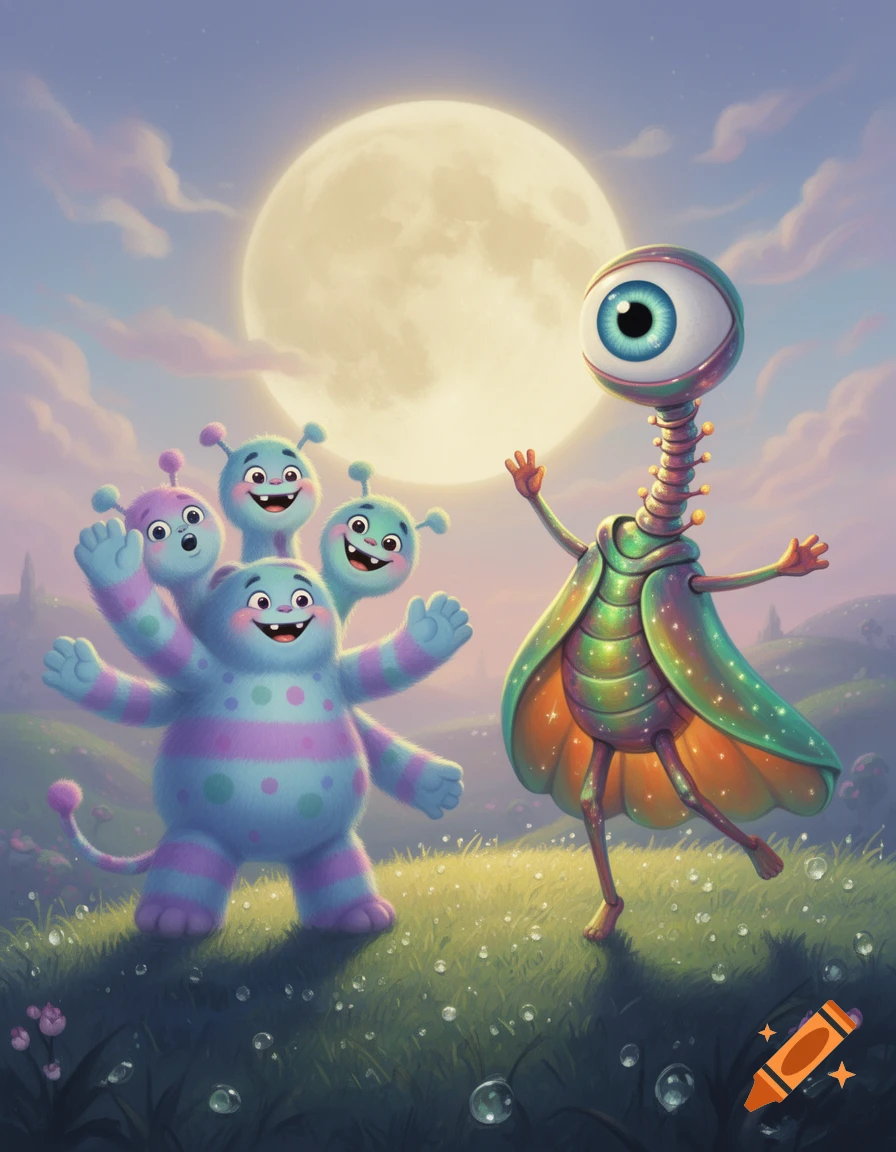 A fluffy, multi-headed monster and a one-eyed creature with a shimmering cloak stand in a moonlit field.
