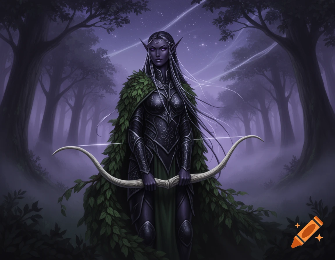 A dark elf ranger with long silver hair and glowing eyes holds a bow in a mystical, purple-hued forest.