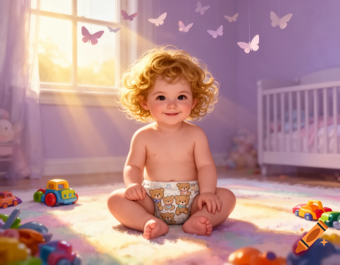 A happy baby with curly blonde hair sits in a diaper on a colorful rug in a sunlit nursery, surrounded by toys and hanging butterflies.