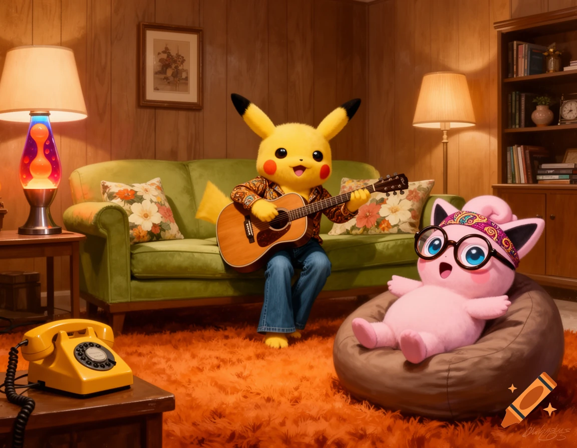 Pikachu playing an acoustic guitar on a green couch, while Jigglypuff watches from a brown beanbag chair in a 70s-style living room.