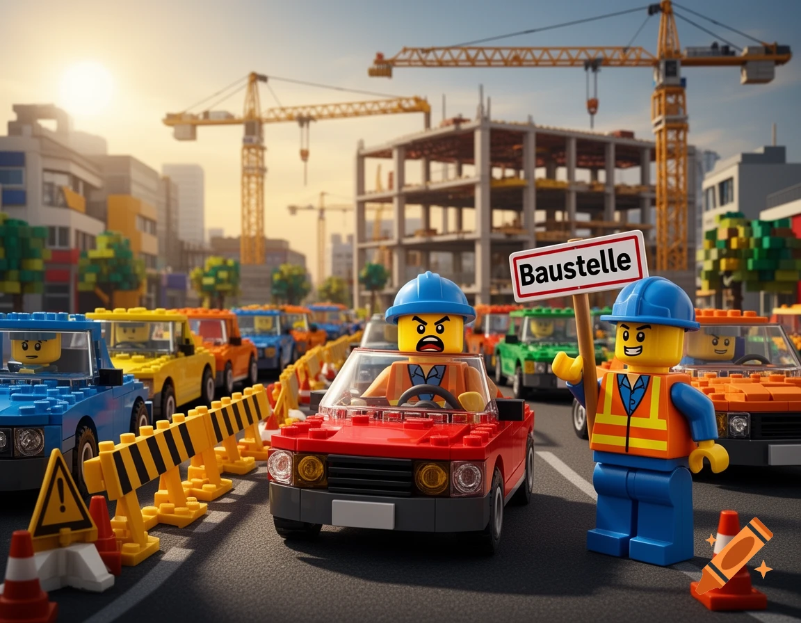 A Lego scene depicting a traffic jam at a construction site, with an angry driver, a worker holding a 'Baustelle' sign, and cranes in the background.