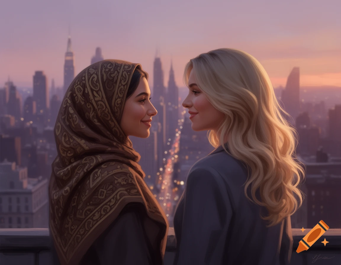 Two smiling women, one in a hijab and one with blonde hair, gaze at each other on a rooftop overlooking a city at sunset.