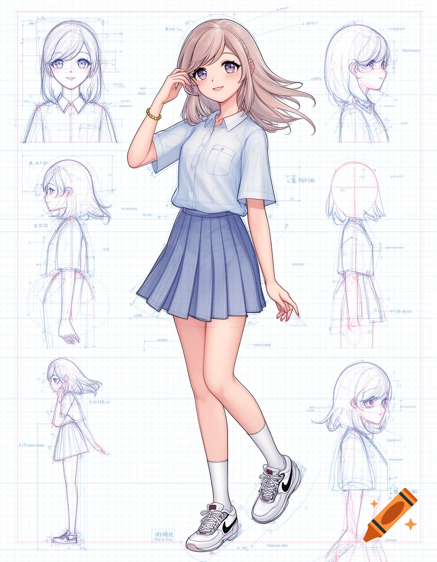 An anime girl in a school uniform stands centrally, surrounded by blueprint-style technical drawings and annotations on a grid background.