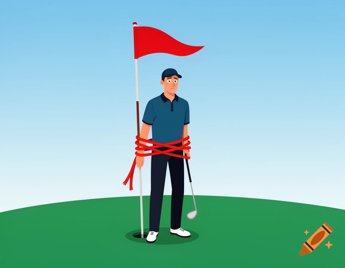 An illustration of a distressed male golfer tied to a red golf flag on a green golf course, holding a club.