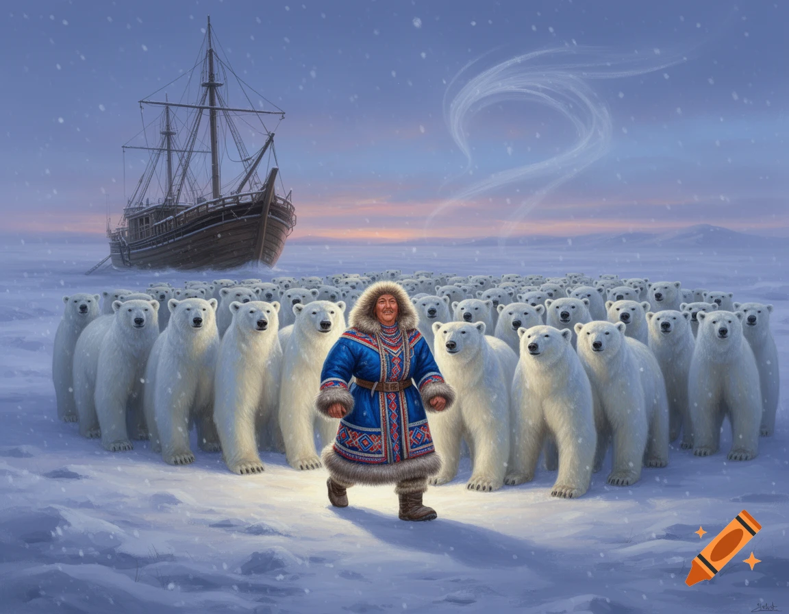 Digital painting of an Inuit leader in traditional blue and red patterned parka walking on a snowy plain, greeted by a mass of polar bears, with a large wooden ship in the distant background.