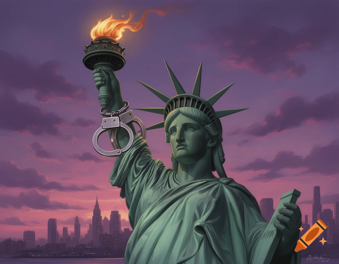 Digital painting of the Statue of Liberty with handcuffs on her raised torch-holding arm, against a purple sunset and city skyline.