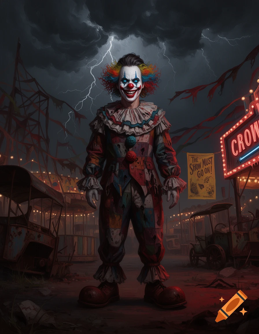 A creepy horror clown with a white painted face, blood-stained colorful suit, and sharp smile in a dark, stormy carnival.