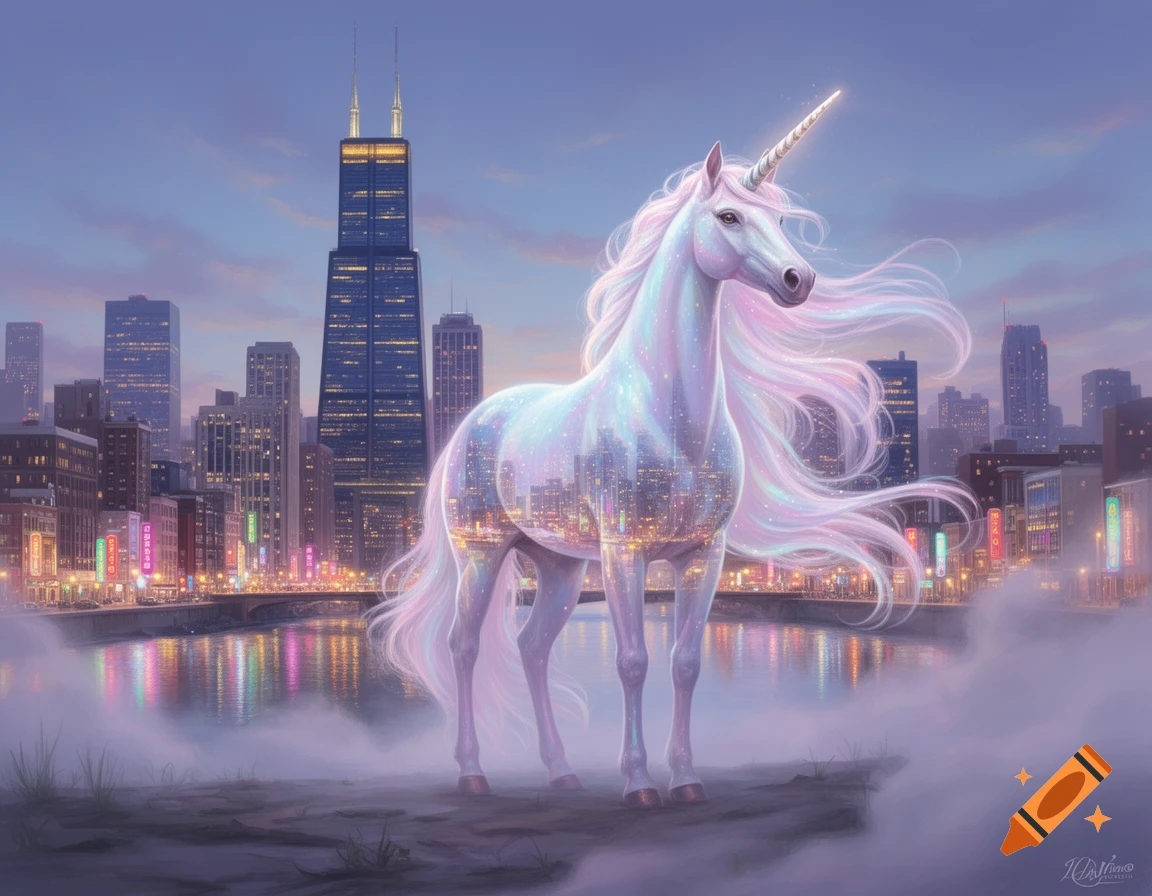 A magical, shimmering unicorn with a city reflected on its body stands on a misty riverbank, overlooking the illuminated Chicago skyline at dusk.