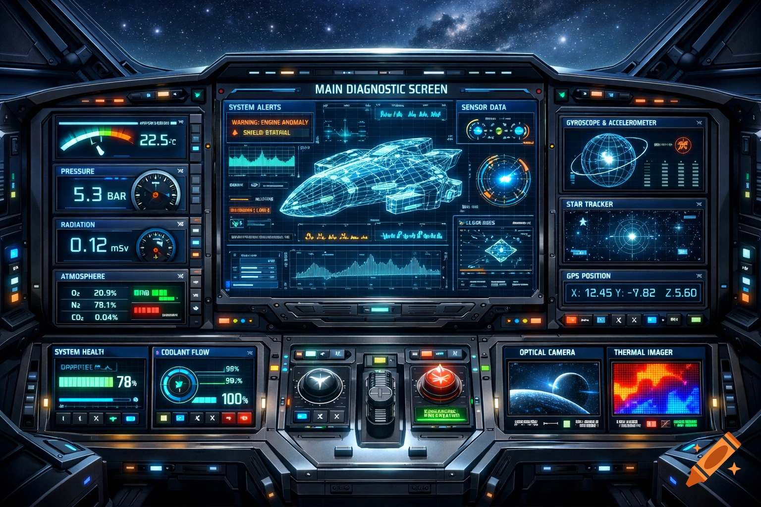 A detailed, futuristic spaceship control panel displaying multiple holographic screens with diagnostic data, system alerts, navigation, and camera feeds against a starry space background.