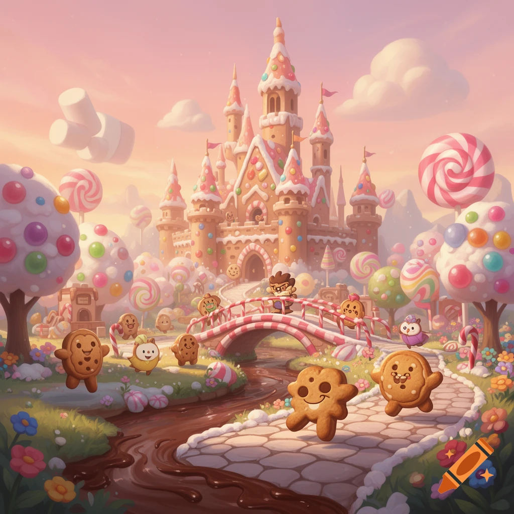 Whimsical gingerbread castle in a candy land with a chocolate river and happy gingerbread characters.