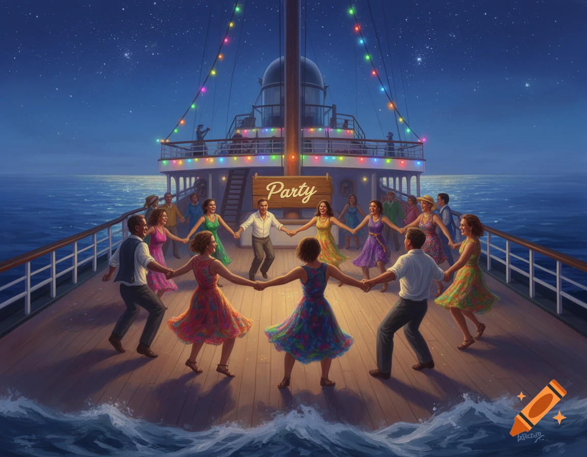 People dance hand-in-hand in a circle on a brightly lit cruise ship deck at night under a starry sky.
