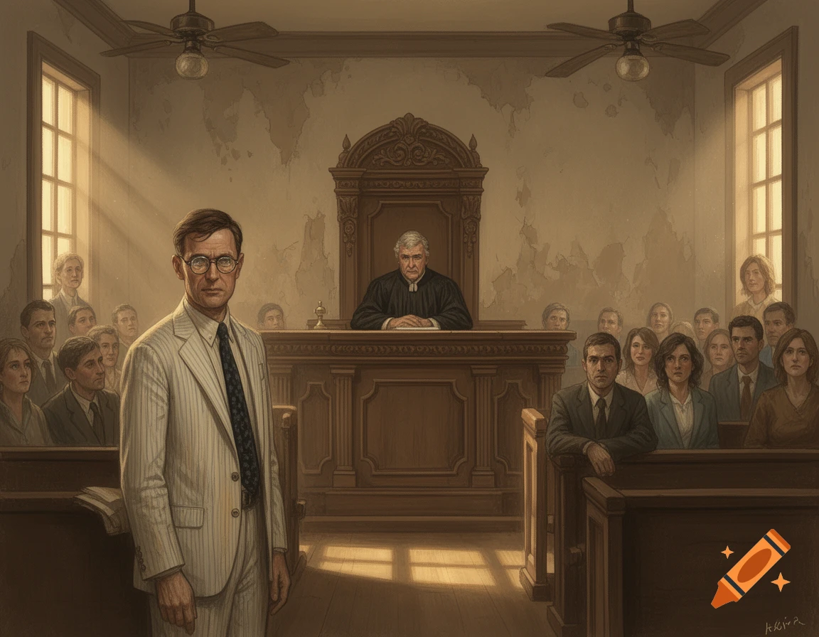 A man in a pinstripe suit stands in a muted, sunlit courtroom while a judge and observers watch from the background, in a painterly style.