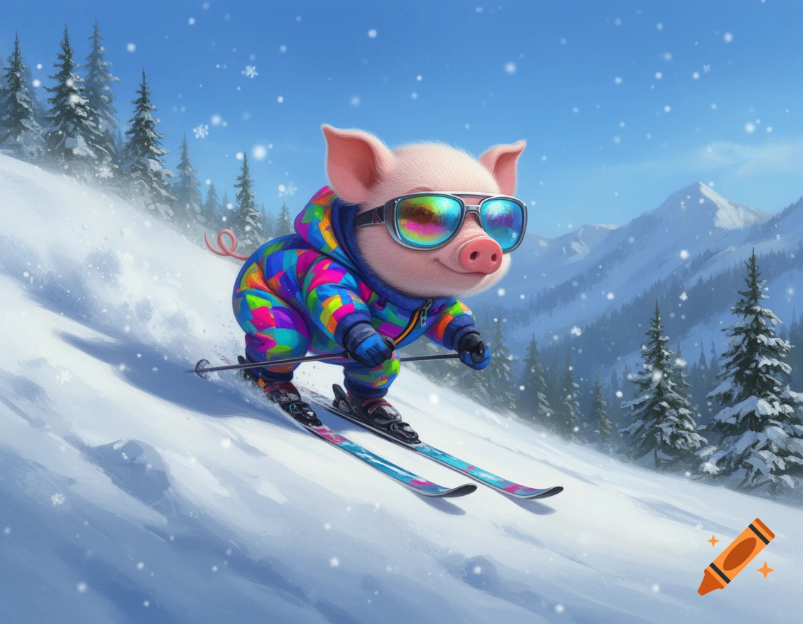 A cute cartoon pig in a colorful ski suit and reflective sunglasses skis down a snowy mountain slope with pine trees.