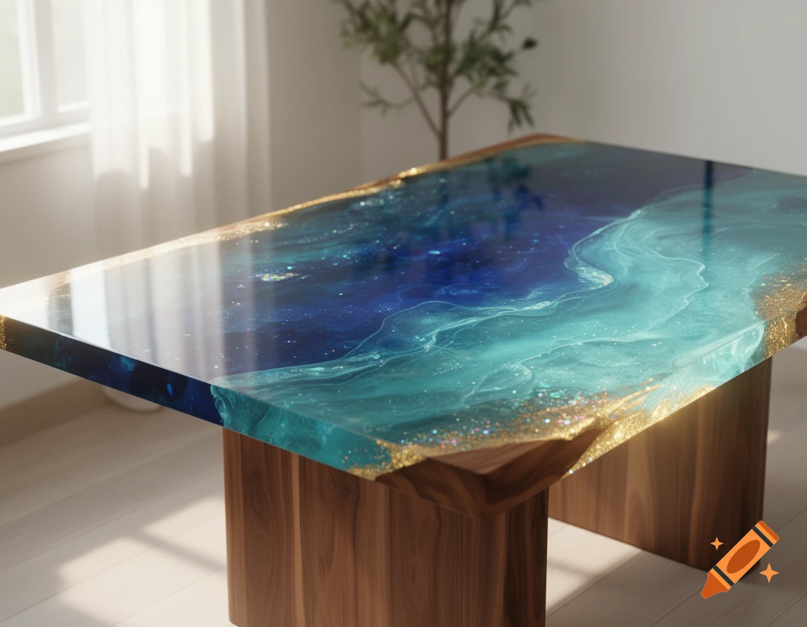Photorealistic image of a wooden table with a glossy blue, turquoise, and gold epoxy resin top in a sunlit room.
