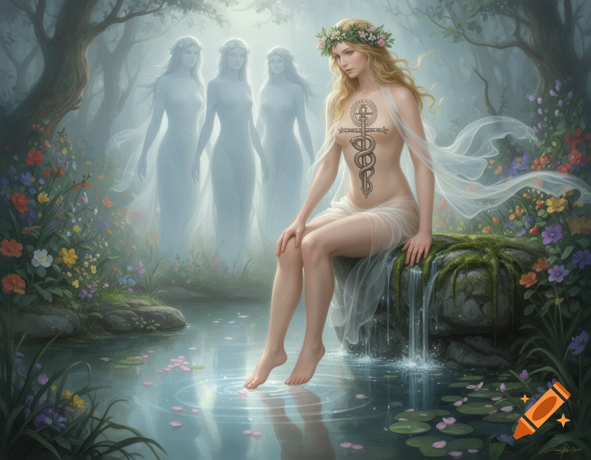 A blonde nymph with a flower crown sits by a forest spring, dipping her feet in the water, with transparent drapes and a caduceus tattoo. Three ethereal figures stand in the misty background.