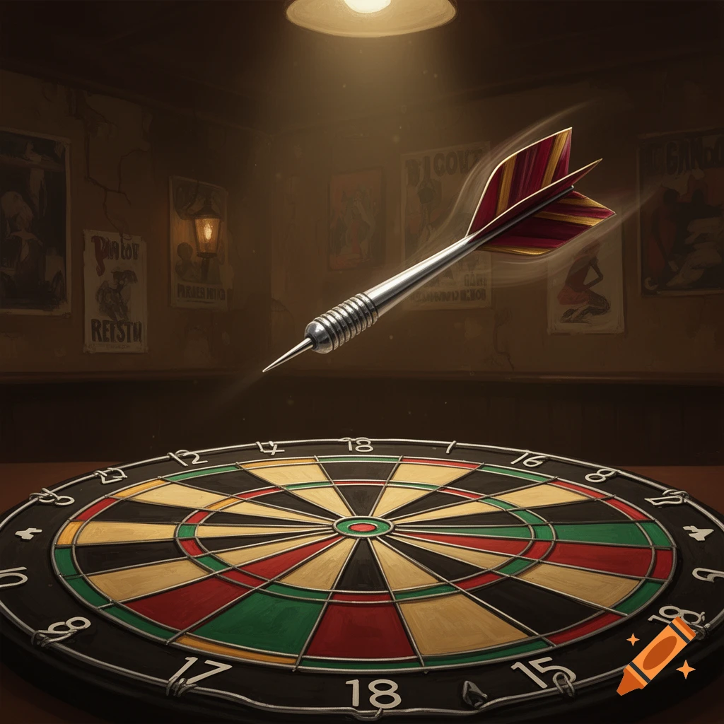 A dart in mid-air above a colorful dartboard in a dimly lit bar, with various framed posters on the wall.