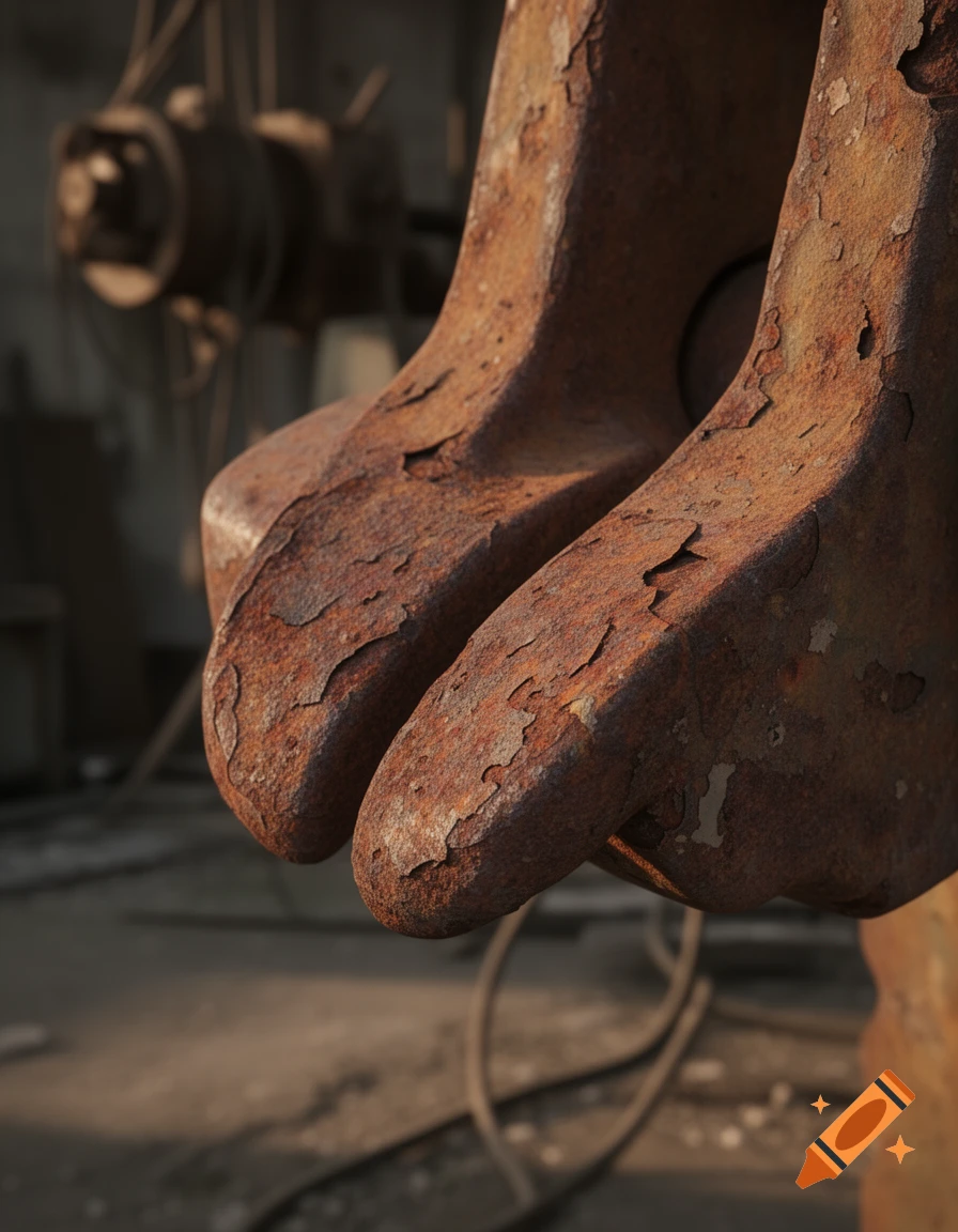 Close-up, photorealistic view of deeply rusted metal with peeling texture, possibly industrial machinery, in a dimly lit setting.