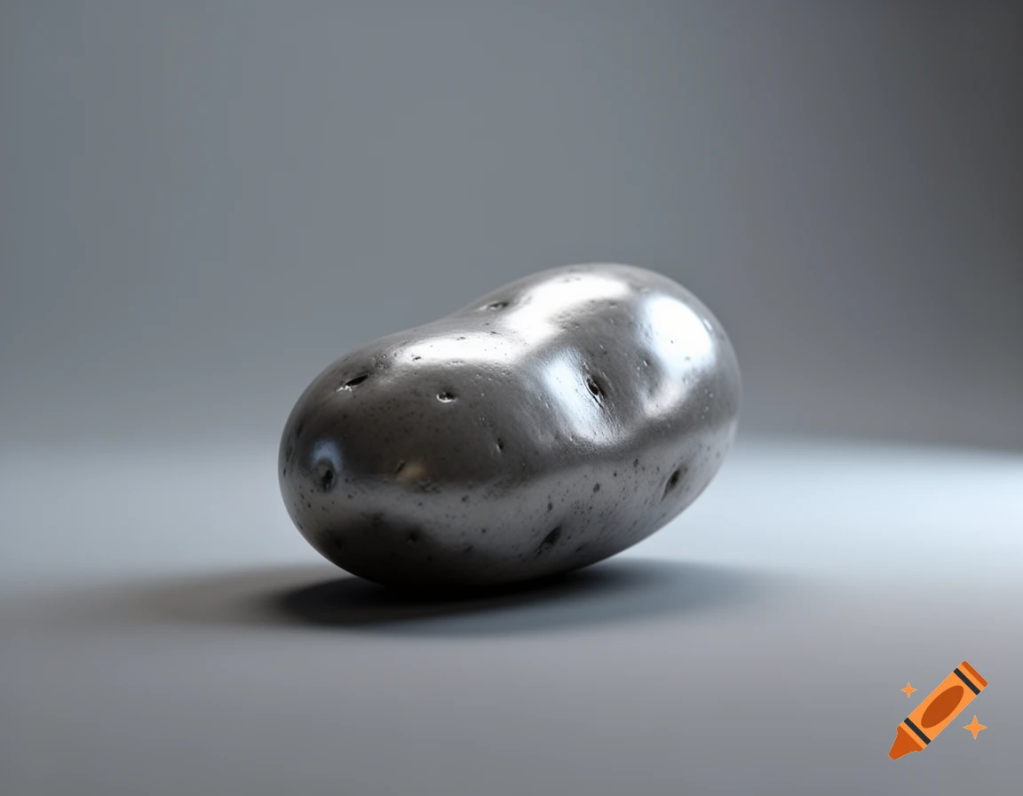 A photorealistic rendering of a shiny metallic potato resting on a grey surface.