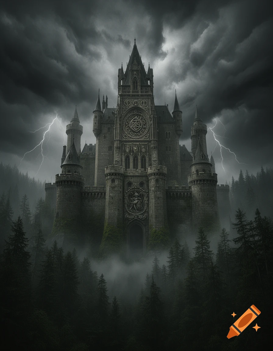 A dark gothic castle with spires and intricate carvings emerges from a misty forest under a stormy sky with lightning.