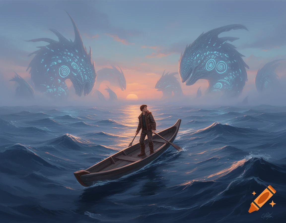 A person in a small boat on a wavy ocean, facing a sunset with large, glowing mystical sea creatures in the misty distance.