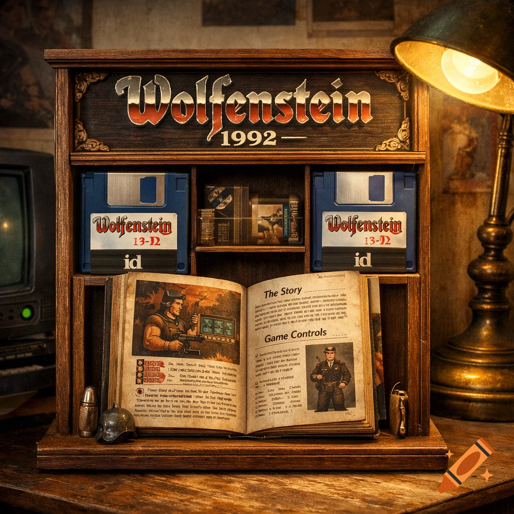 A wooden display case featuring Wolfenstein 1992 branding, two blue floppy diskettes, an open game manual, and a desk lamp.
