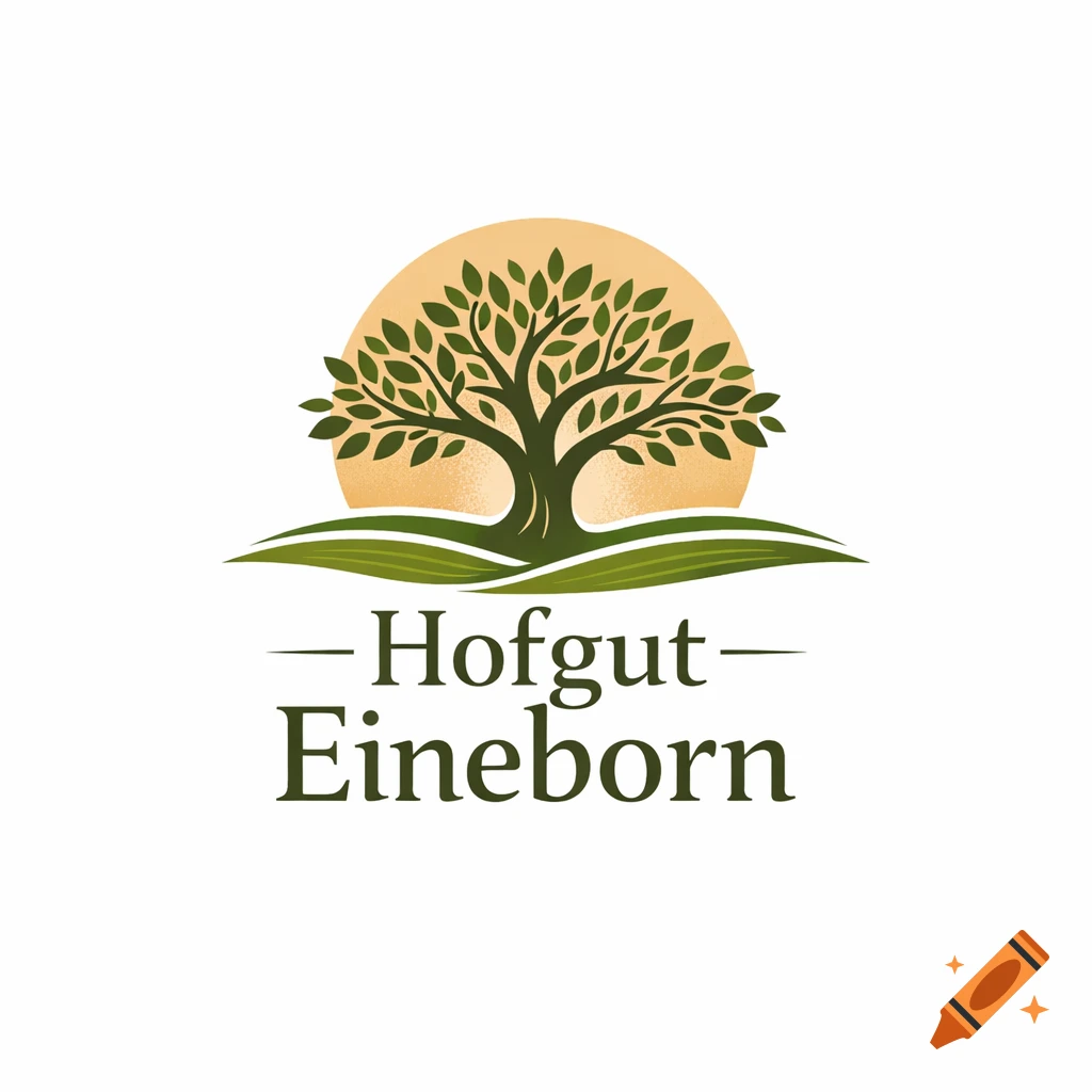 A logo featuring a green tree with many leaves in front of an orange sun, above green hills and the dark green text "Hofgut Eineborn".