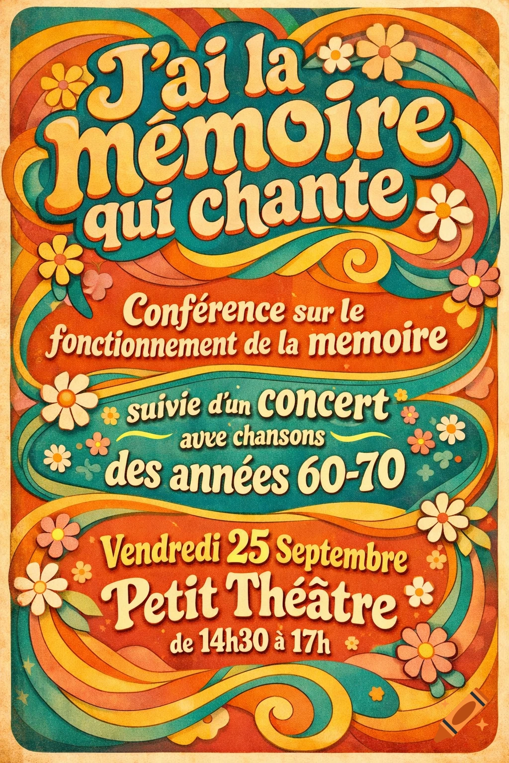 A vibrant, psychedelic 60s/70s style poster in orange, yellow, pink, and turquoise, advertising a conference and concert. The text reads, "J'ai la mémoire qui chante".