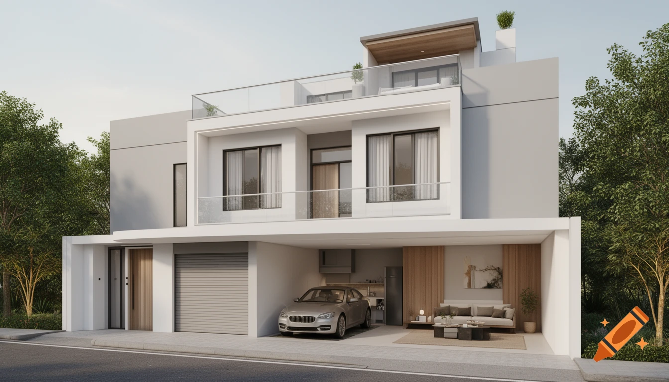 A realistic 3D rendering of a modern two-story house with light grey and white walls, wood accents, and a glass balcony. A silver car is parked on the ground floor.