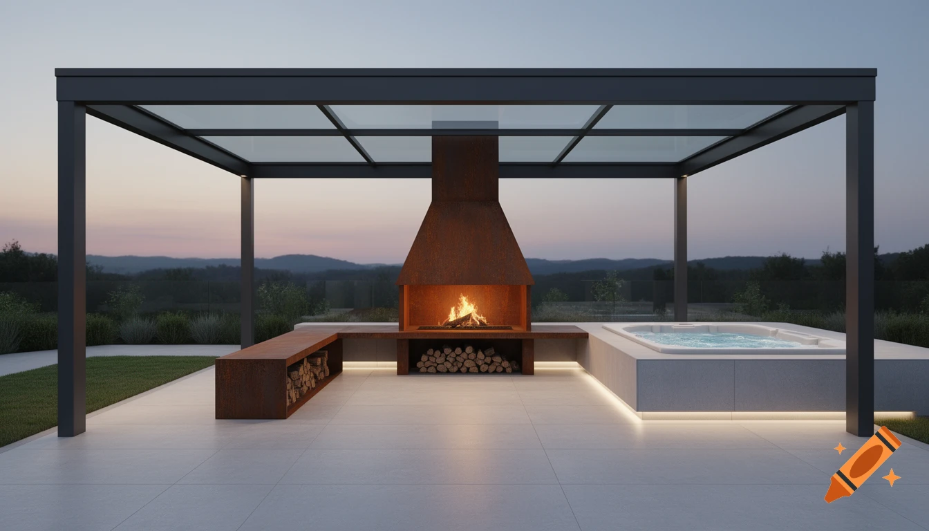 Photorealistic modern outdoor terrace with a glass roof, Corten steel fireplace, wood storage, and an integrated hot tub at dusk.