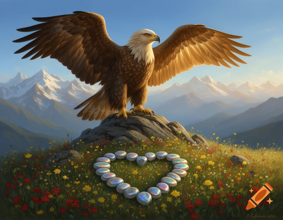 A majestic eagle with spread wings on a rock above a heart of shimmering stones, set in a mountain meadow with snowy peaks.