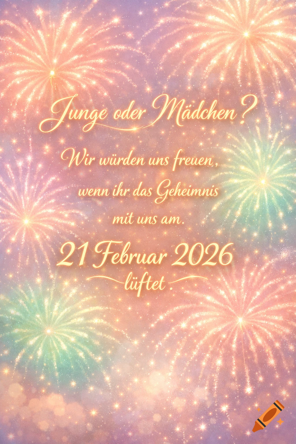 Pastel background with fireworks, featuring German text about a gender reveal on February 21, 2026.